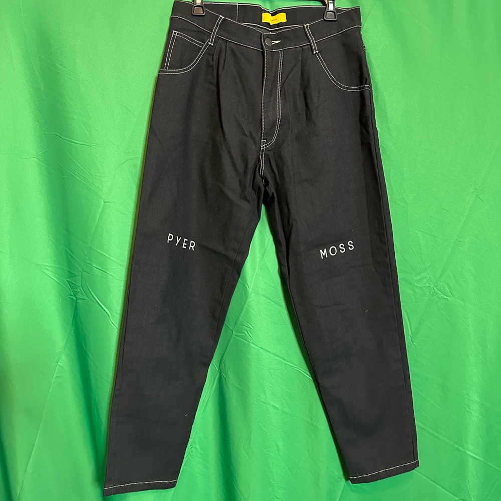 PYER MOSS black denim logo embroidered contrast stitch jeans NWT